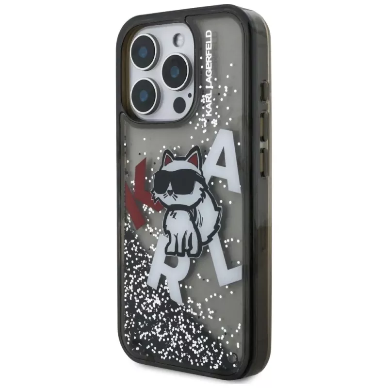 KARL LAGERFELD Liquid Glitter Choupette Logo Case voor iPhone 16 Pro, zwart