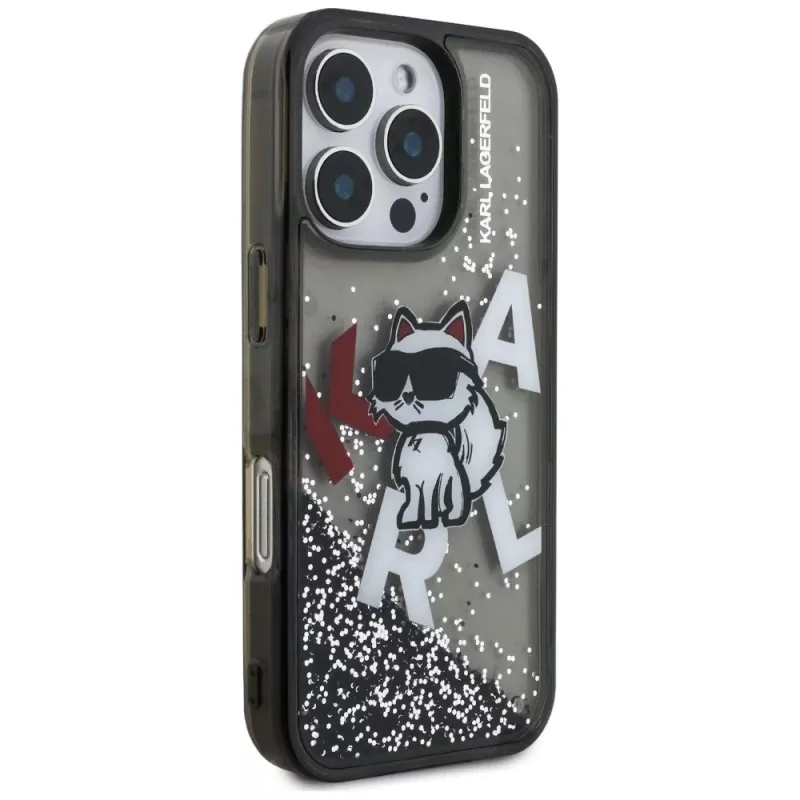 KARL LAGERFELD Liquid Glitter Choupette Logo Case voor iPhone 16 Pro, zwart