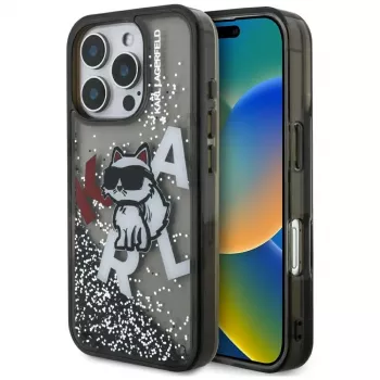 KARL LAGERFELD Liquid Glitter Choupette Logo Case voor Apple iPhone 16 Pro Max - zwart