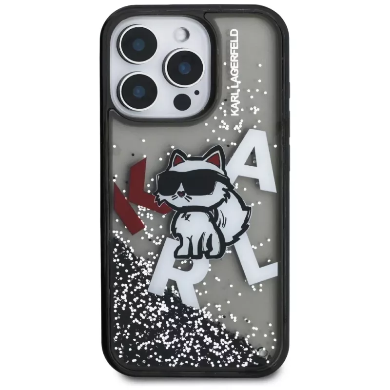 KARL LAGERFELD Liquid Glitter Choupette Logo Case voor Apple iPhone 16 Pro Max - zwart