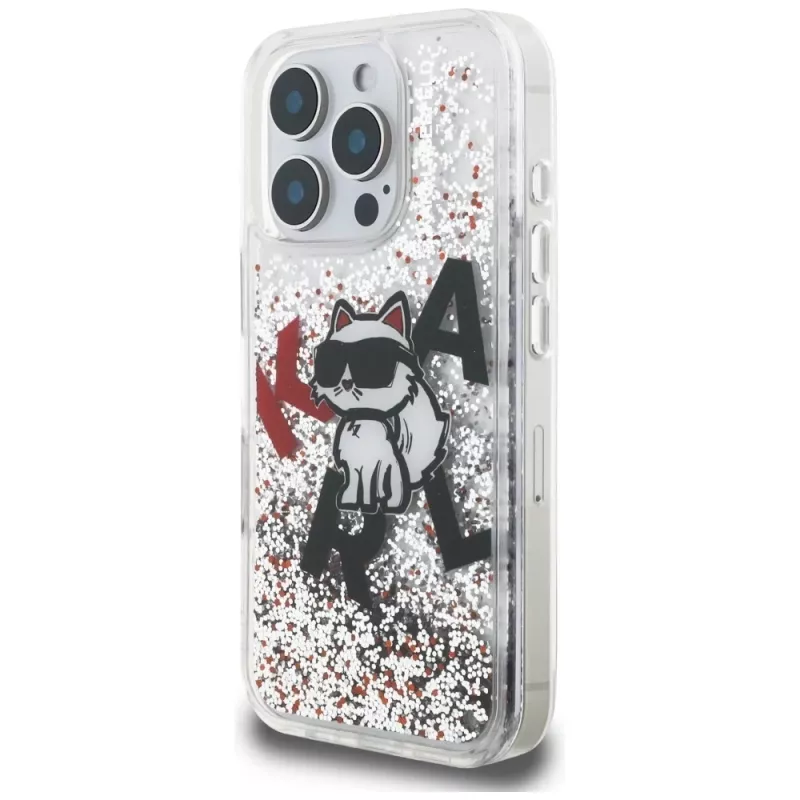 KARL LAGERFELD Liquid Glitter Choupette Logo Case voor iPhone 16 Pro, transparant