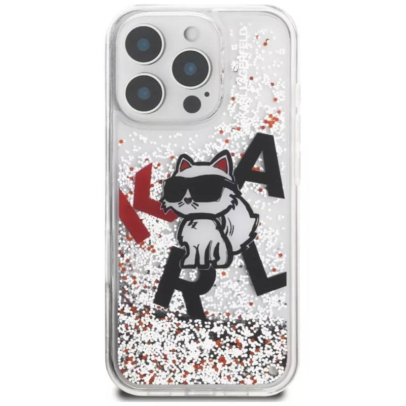 KARL LAGERFELD Liquid Glitter Choupette Logo Case voor iPhone 16 Pro, transparant