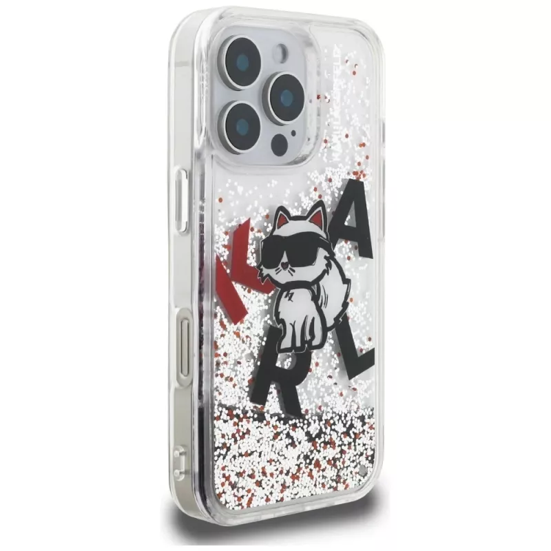 Karl Lagerfeld Liquid Glitter Choupette Logo Case voor Apple iPhone 16 Pro Max, transparant