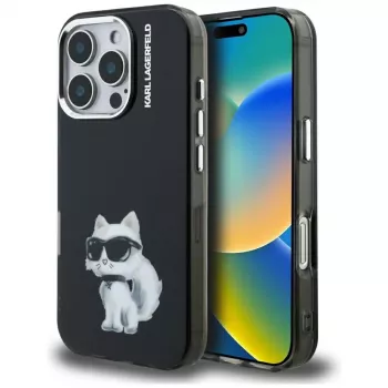 Karl Lagerfeld IML Aquarelle Choupette & Logo Back Cover voor Apple iPhone 16 Pro, zwart
