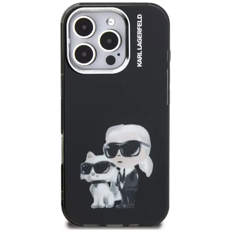 Karl Lagerfeld IML Aquarelle Karl & Choupette & Logo Case voor Apple iPhone 16 Pro Max, zwart