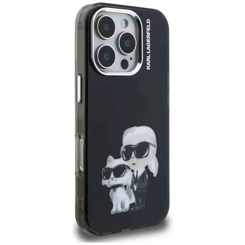 Karl Lagerfeld IML Aquarelle Karl & Choupette & Logo Case voor Apple iPhone 16 Pro Max, zwart