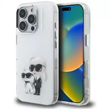 Karl Lagerfeld IML Aquarelle Karl & Choupette & Logo Back Cover voor Apple iPhone 16 Pro, wit