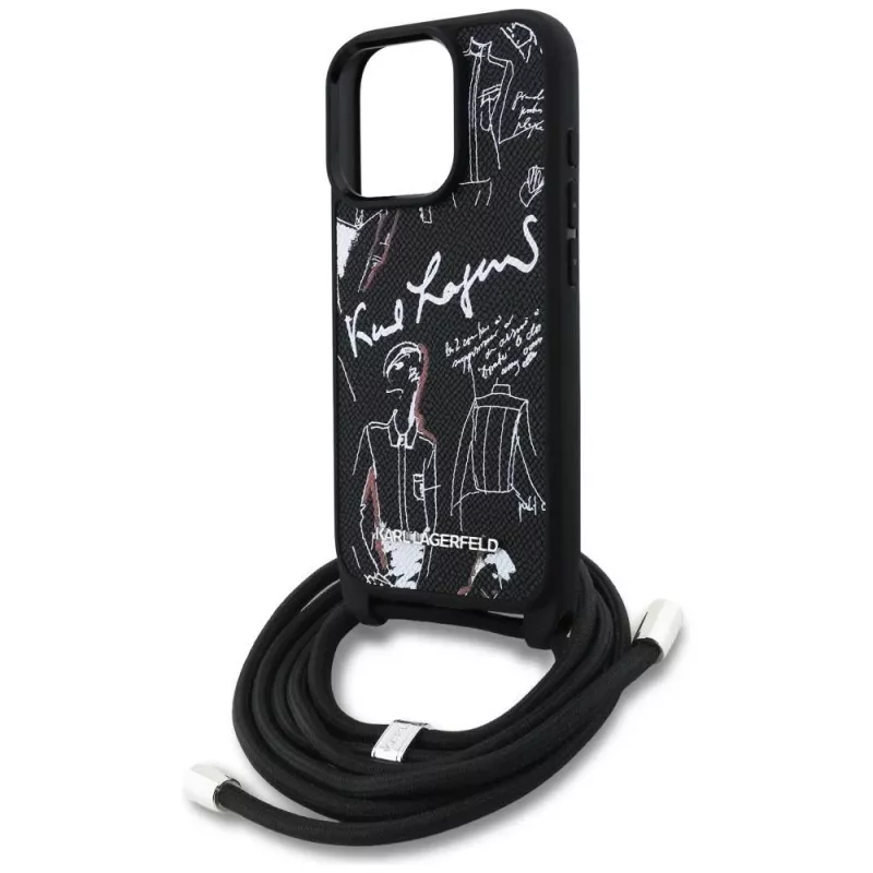 Karl Lagerfeld Crossbody GrainedPattern & Logo Phone Case voor Apple iPhone 16 Pro Max, zwart