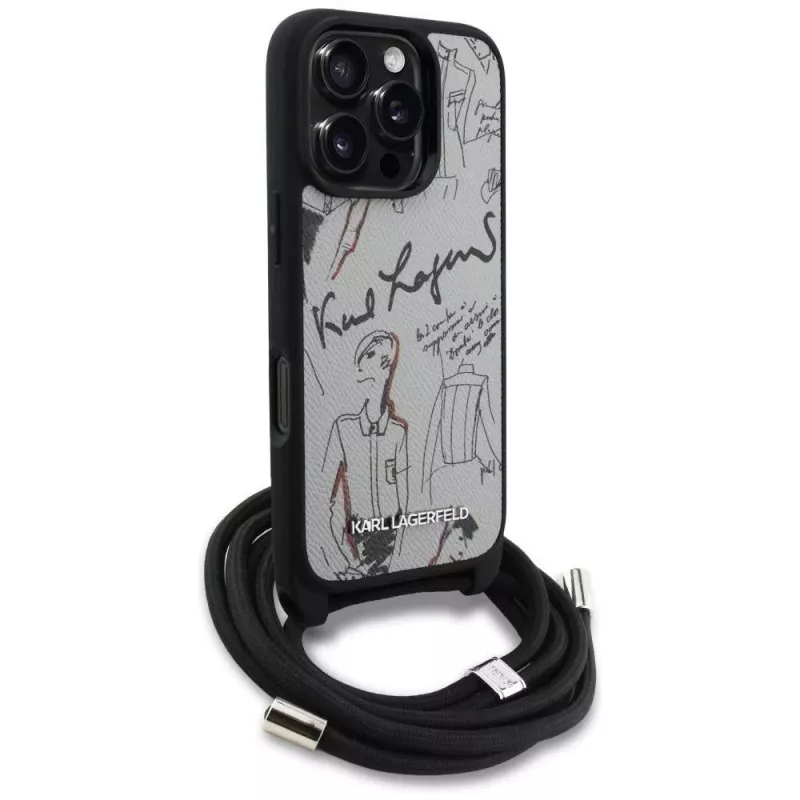 Karl Lagerfeld Crossbody Case met grained patroon & logo voor iPhone 16 Pro Max, grijs