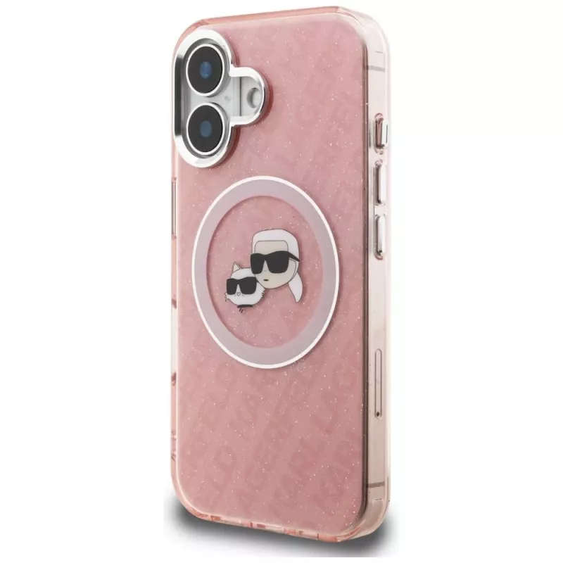 KARL LAGERFELD IML Glitter Karl & Choupette Heads Logo MagSafe Case voor Apple iPhone 16 - roze