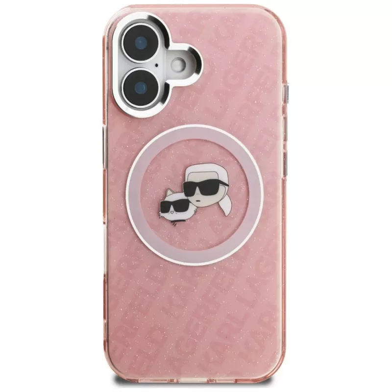 KARL LAGERFELD IML Glitter Karl & Choupette Heads Logo MagSafe Case voor Apple iPhone 16 - roze