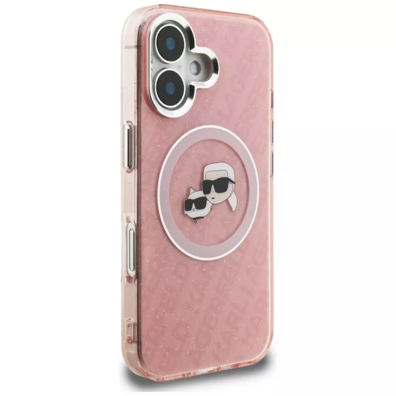 KARL LAGERFELD IML Glitter Karl & Choupette Heads Logo MagSafe Case voor Apple iPhone 16 - roze