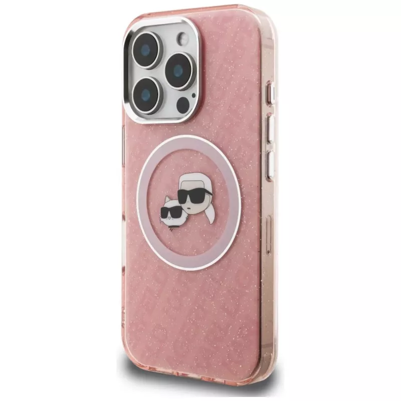 Karl Lagerfeld IML Glitter Karl & Choupette Heads Logo MagSafe Case voor iPhone 16 Pro roze