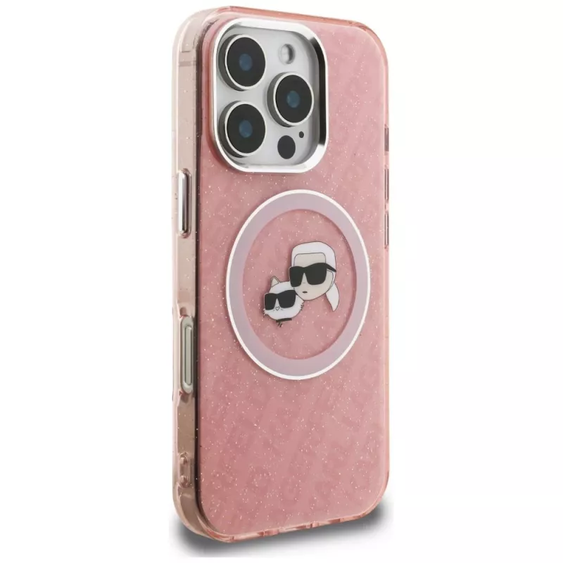 Karl Lagerfeld IML Glitter Karl & Choupette Heads Logo MagSafe Case voor iPhone 16 Pro roze