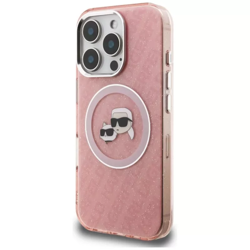 KARL LAGERFELD IML Glitter Karl & Choupette Heads Logo MagSafe Case voor iPhone 16 Pro Max, roze