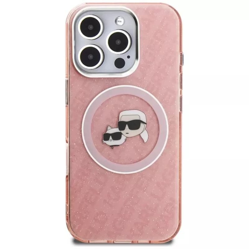 KARL LAGERFELD IML Glitter Karl & Choupette Heads Logo MagSafe Case voor iPhone 16 Pro Max, roze