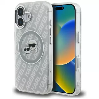 KARL LAGERFELD IML Glitter Karl & Choupette Heads Logo MagSafe Case voor iPhone 16, grijs
