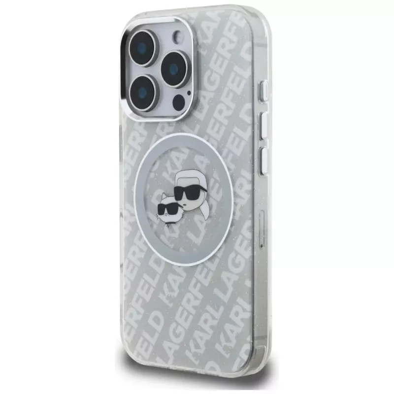 KARL LAGERFELD IML Glitter Karl & Choupette Heads Logo MagSafe Case voor iPhone 16 Pro Max grijs