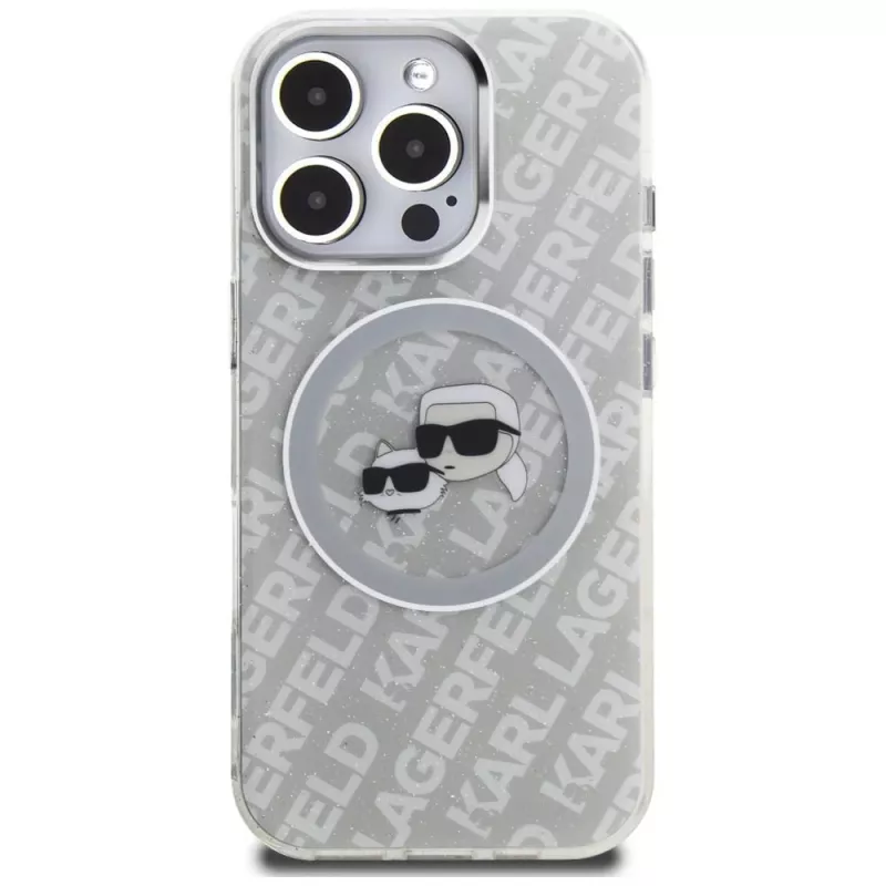 KARL LAGERFELD IML Glitter Karl & Choupette Heads Logo MagSafe Case voor iPhone 16 Pro Max grijs