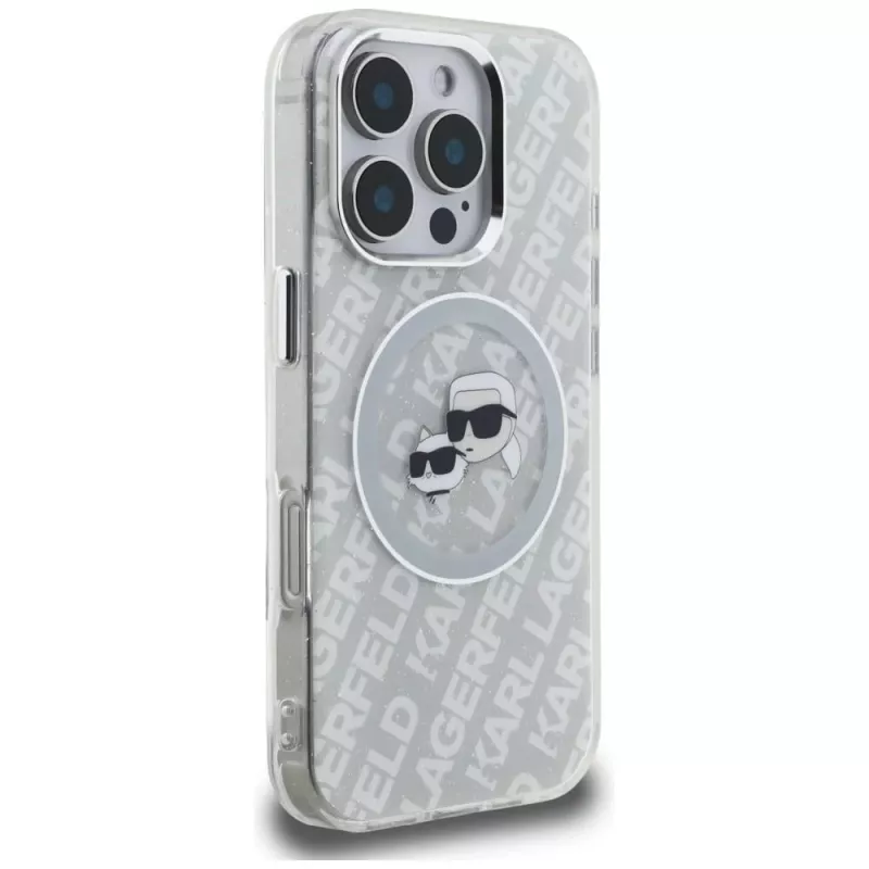 KARL LAGERFELD IML Glitter Karl & Choupette Heads Logo MagSafe Case voor iPhone 16 Pro Max grijs