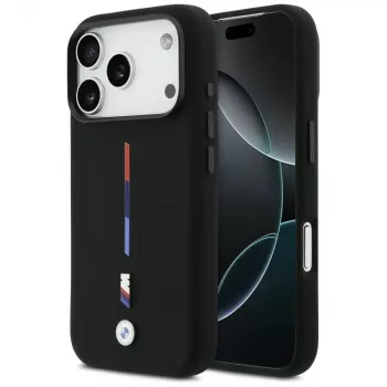 BMW M Silicon Tricolor Line MagSafe-hoesje voor iPhone 17 Pro, zwart