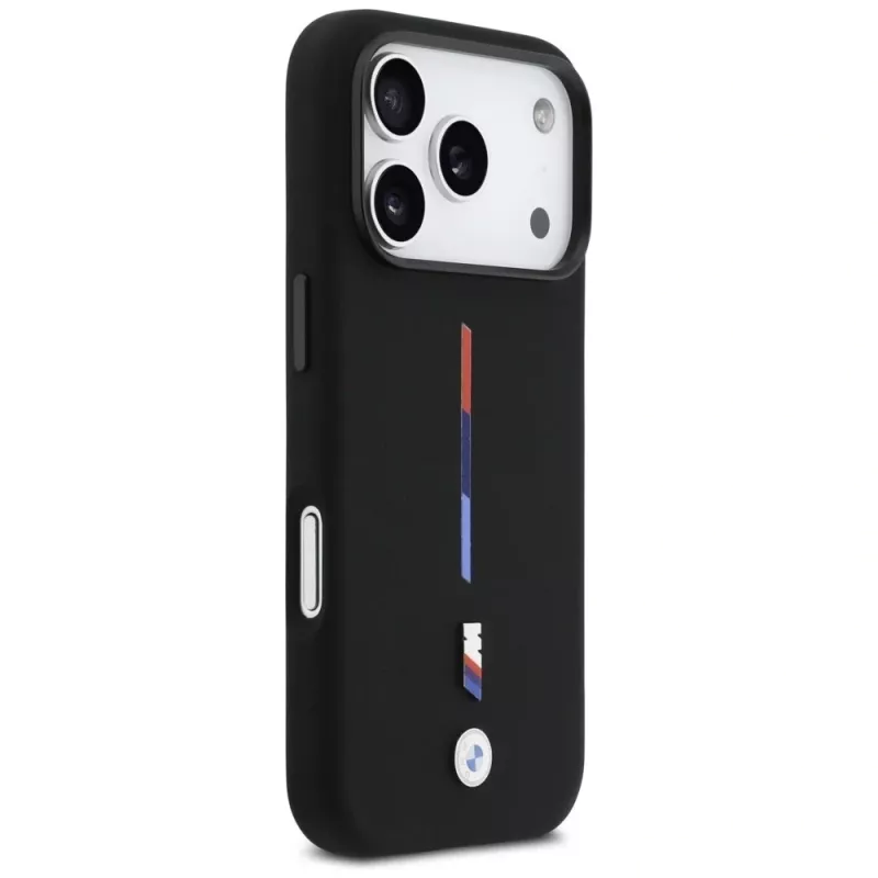BMW M Silicon Tricolor Line MagSafe-hoesje voor iPhone 17 Pro, zwart