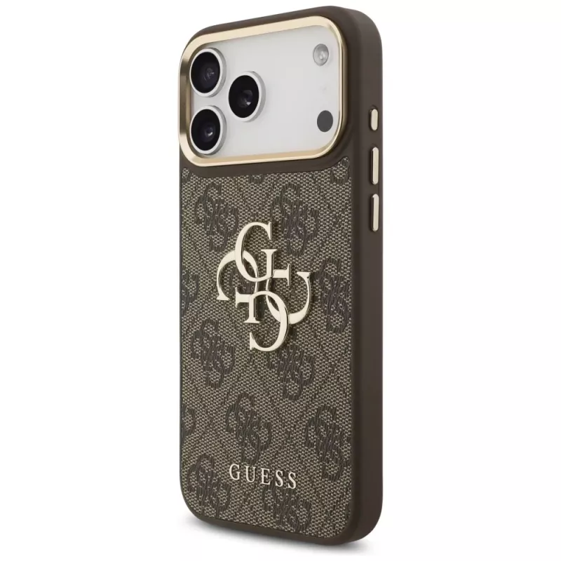 Guess 4G Big Classic Logo BigStrap Metal Buttons-hoesje voor iPhone 17 Pro Max, bruin