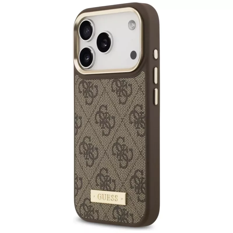 Guess 4G Logo Plate MagSafe-hoesje voor Apple iPhone 17 Pro, bruin