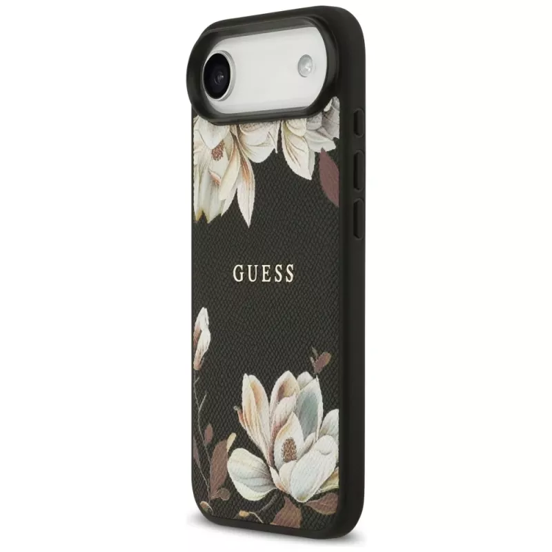 Guess Grained Flowers Classic Logo MagSafe-hoesje voor Apple iPhone Air, zwart