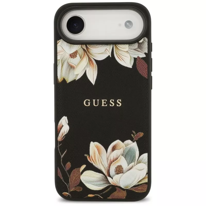 Guess Grained Flowers Classic Logo MagSafe-hoesje voor Apple iPhone Air, zwart
