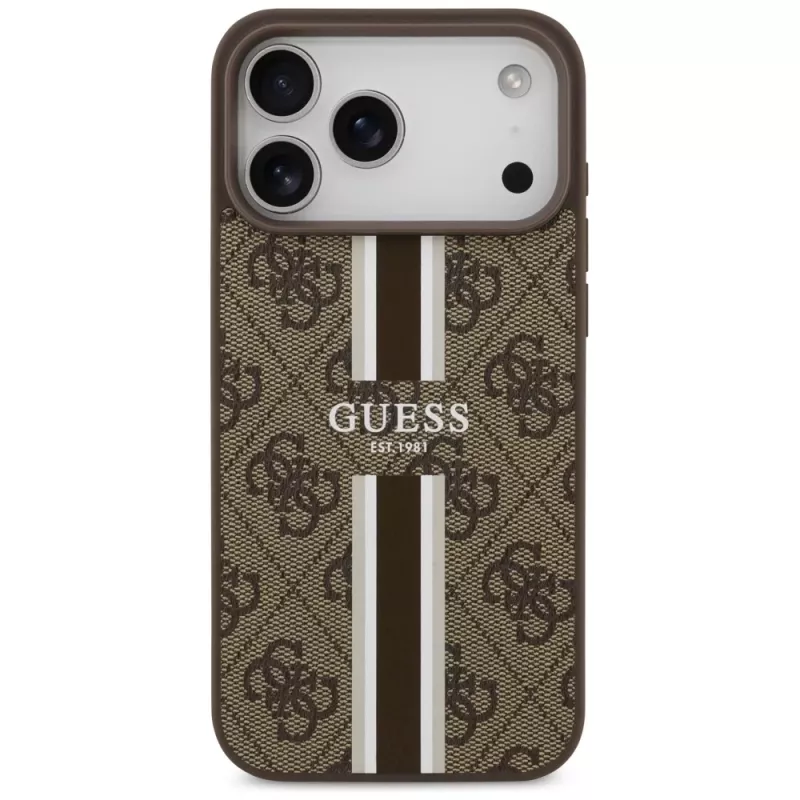 Guess 4G Printed Stripes MagSafe Case voor iPhone 17 Pro Max (bruin)