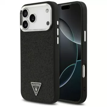 Guess Glitter Triangle Logo MagSafe-hoesje voor iPhone 17 Pro Max zwart