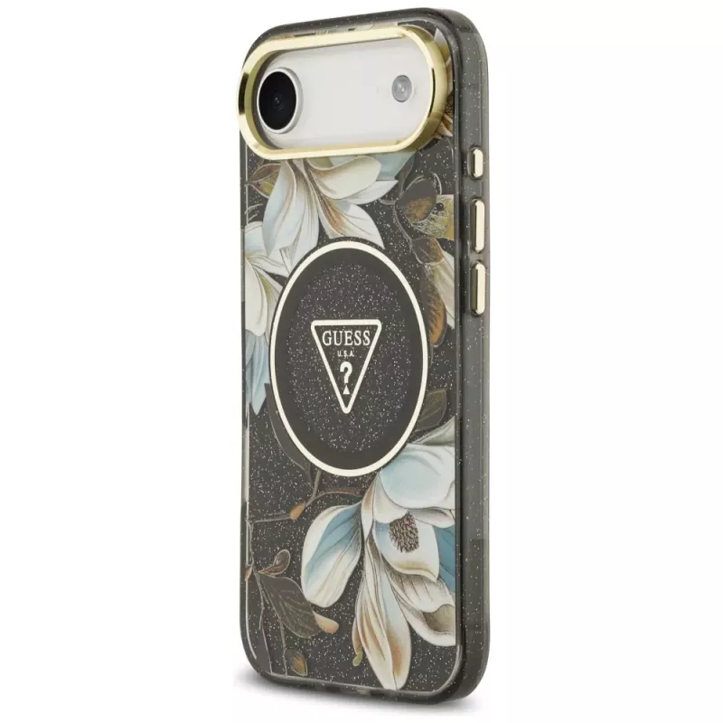Guess IML Glitter Flowers Triangle MagSafe-hoesje voor iPhone Air - zwart