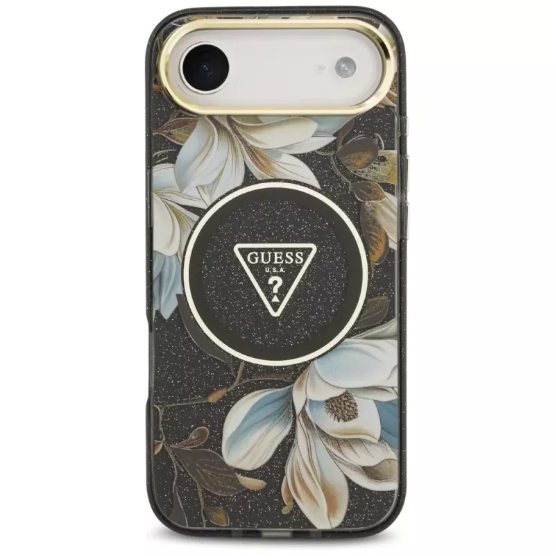 Guess IML Glitter Flowers Triangle MagSafe-hoesje voor iPhone Air - zwart