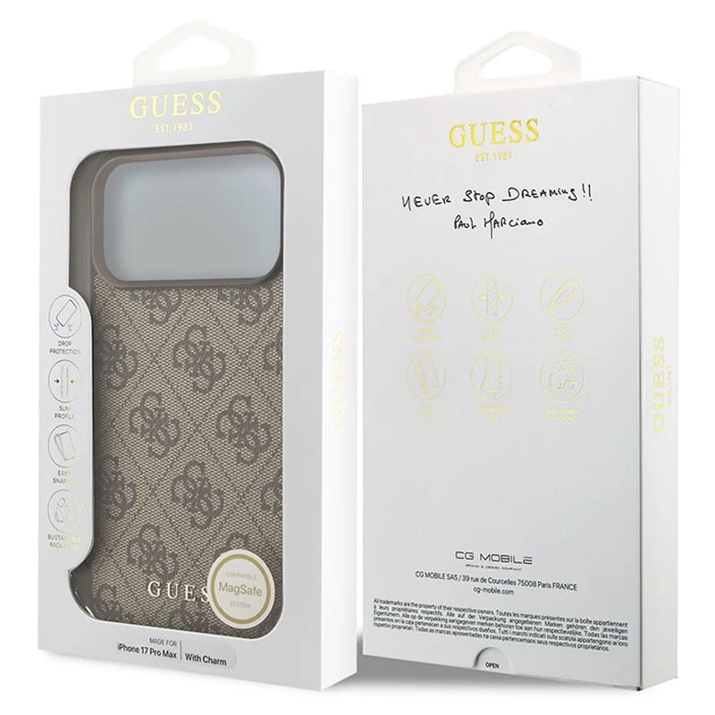 Guess 4G Charms Collection MagSafe Case voor iPhone 17 Pro Max (bruin)