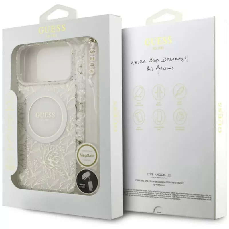 Guess IML Flowers Electro Pearl Strap MagSafe Case voor iPhone 17 Pro Max wit