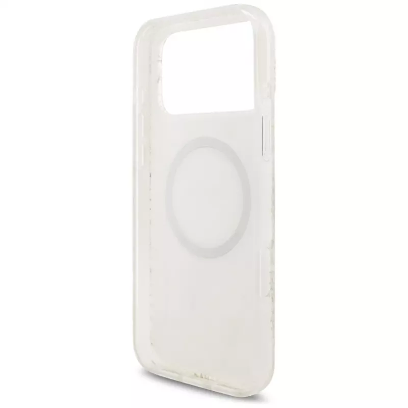 Guess IML Flowers Electro Pearl Strap MagSafe Case voor iPhone 17 Pro Max wit