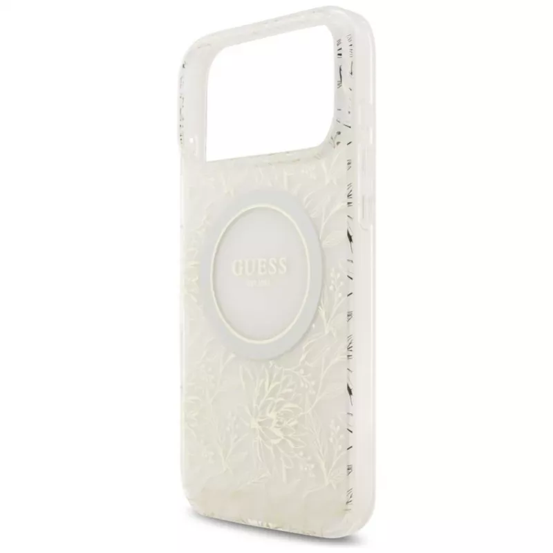 Guess IML Flowers Electro Pearl Strap MagSafe Case voor iPhone 17 Pro Max wit