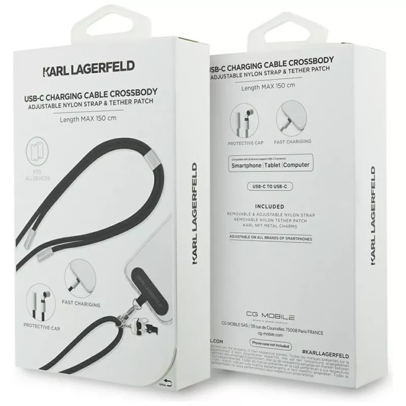 Karl Lagerfeld Ikonik Charm USB-C naar USB-C kabel met lanyard, 1,2 m, zwart