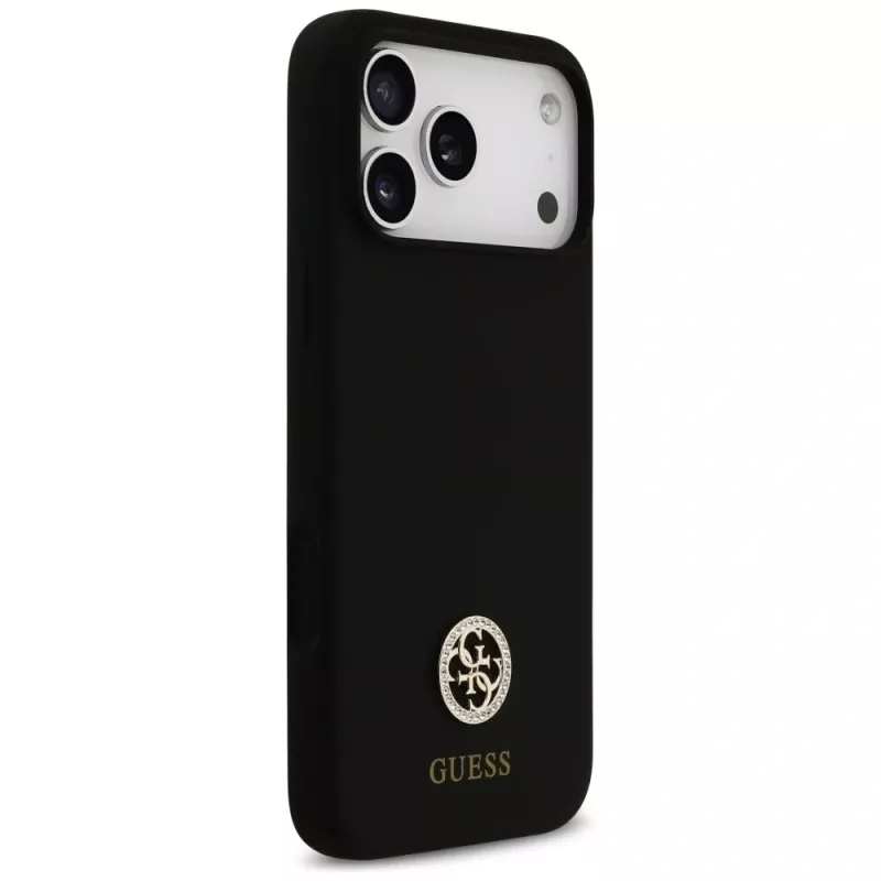 Guess Silicone Logo Strass 4G MagSafe case voor iPhone 17 Pro Max zwart