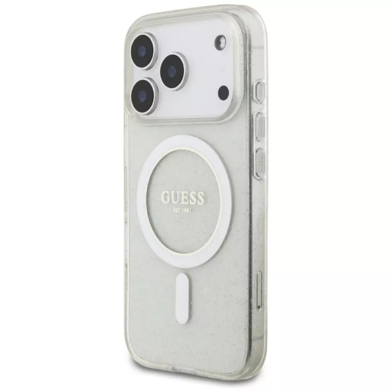 Guess IML Glitter Pearl Strap MagSafe case voor iPhone 17 Pro, transparant