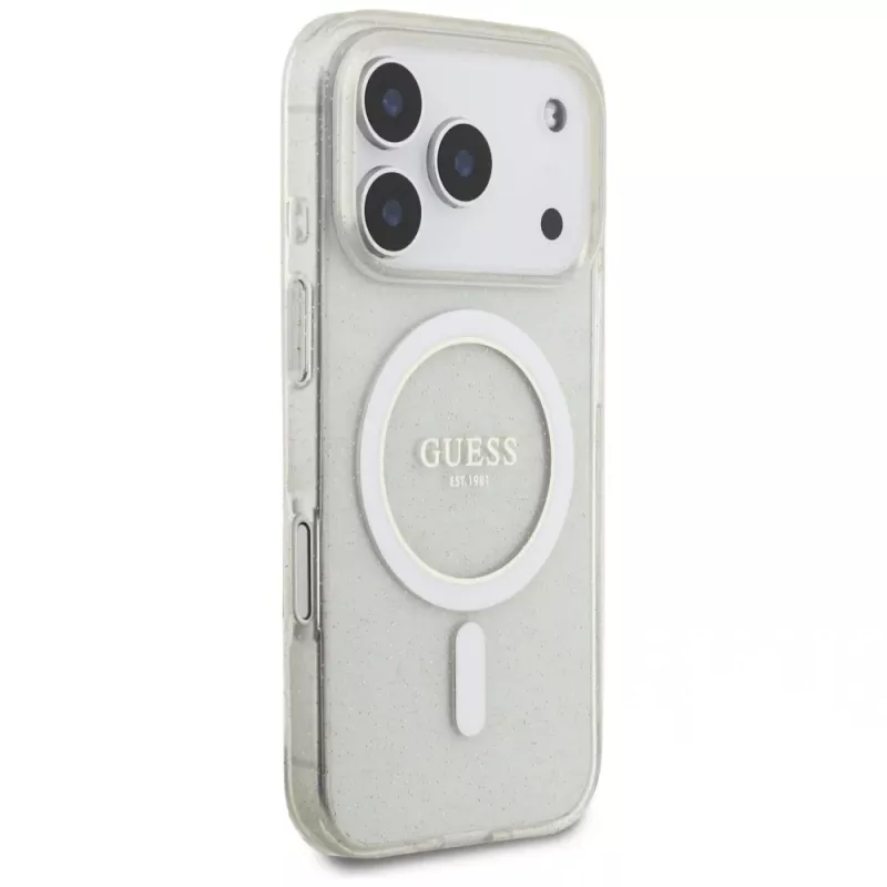 Guess IML Glitter Pearl Strap MagSafe case voor iPhone 17 Pro, transparant