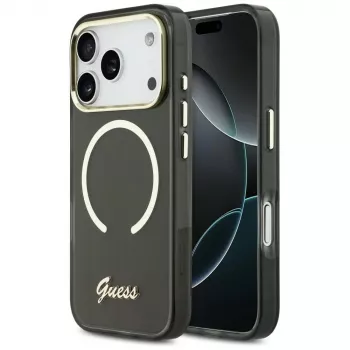 Guess IML Script Metal MagSafe-hoesje voor iPhone 17 Pro, zwart