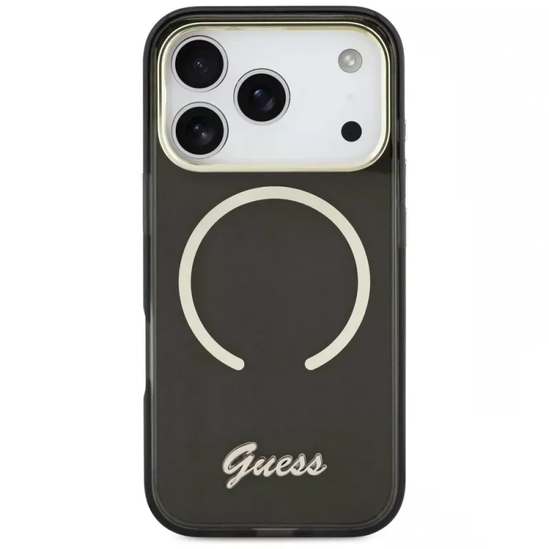 Guess IML Script Metal MagSafe-hoesje voor iPhone 17 Pro, zwart