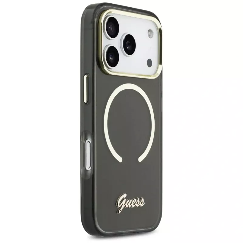 Guess IML Script Metal MagSafe-hoesje voor iPhone 17 Pro, zwart