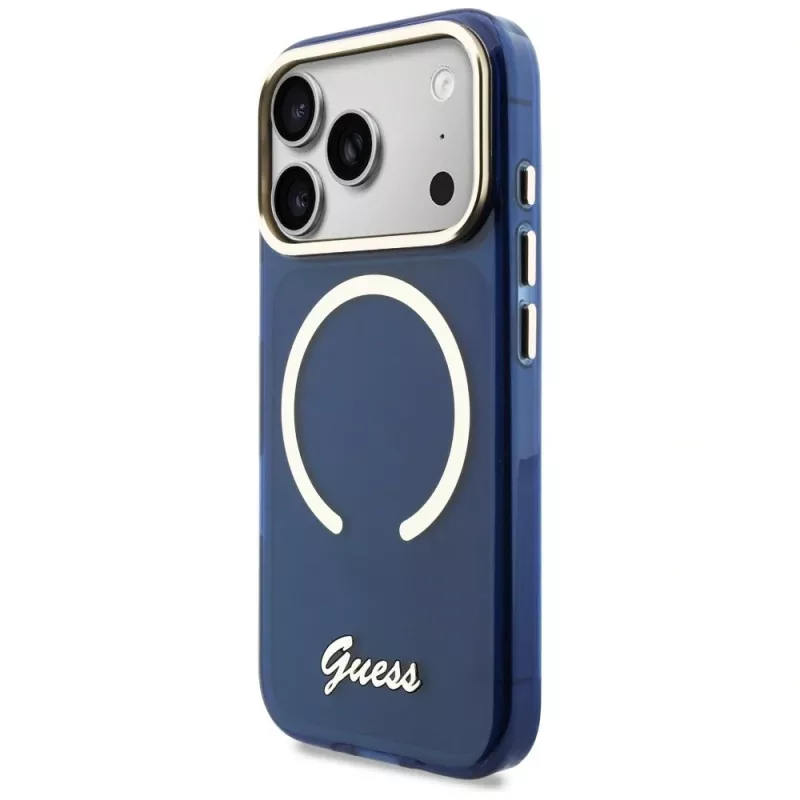 Guess IML Script Metal MagSafe-hoesje voor iPhone 17 Pro, blauw