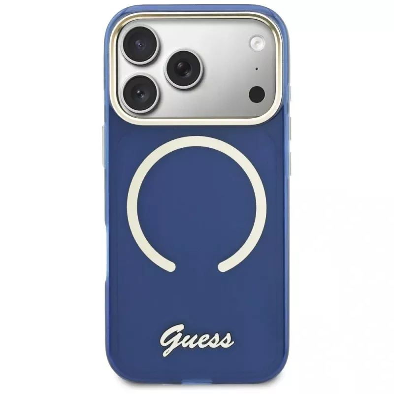 Guess IML Script Metal MagSafe-hoesje voor iPhone 17 Pro, blauw