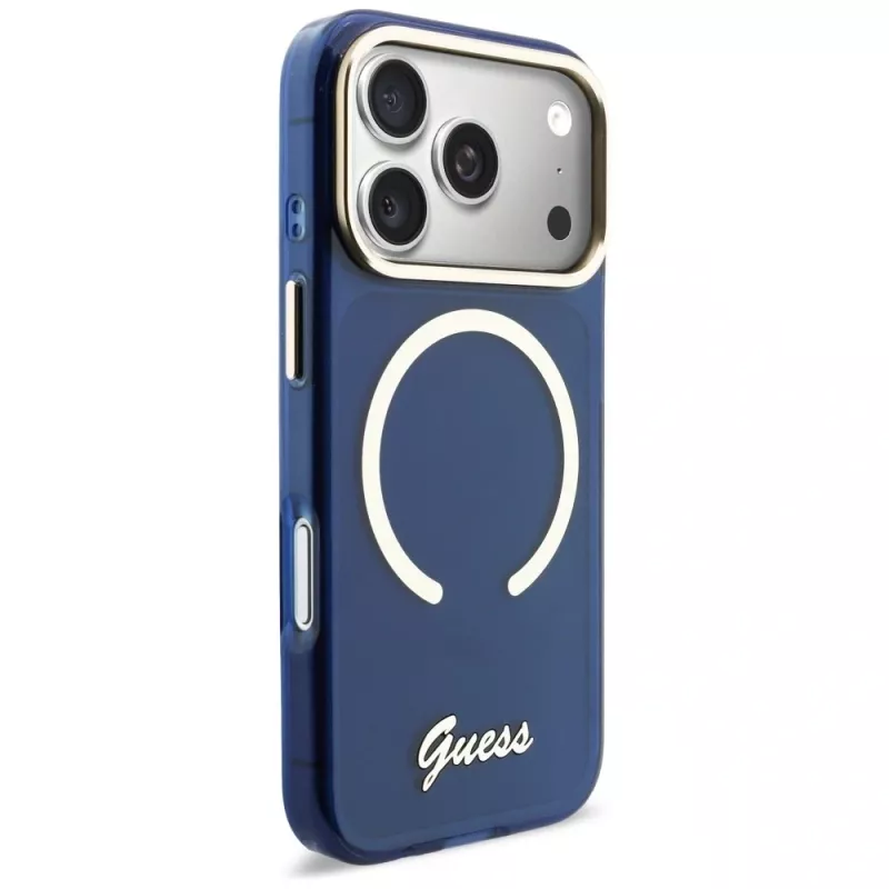 Guess IML Script Metal MagSafe-hoesje voor iPhone 17 Pro, blauw