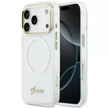 Guess IML Gradient Script Metal MagSafe-hoesje voor iPhone 17 Pro Max, wit