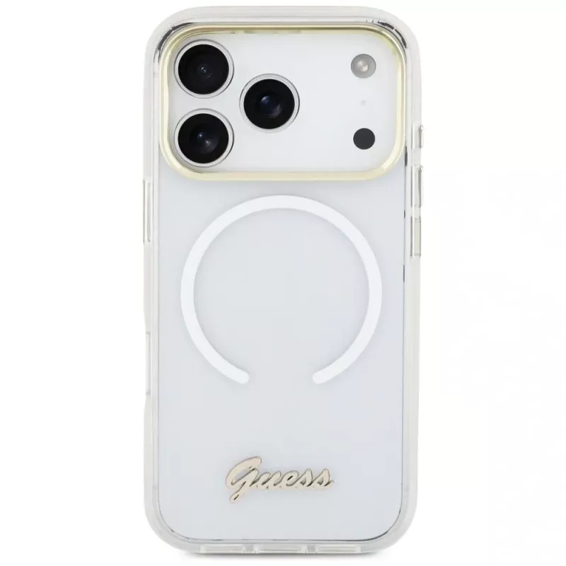 Guess IML Gradient Script Metal MagSafe-hoesje voor iPhone 17 Pro Max, wit